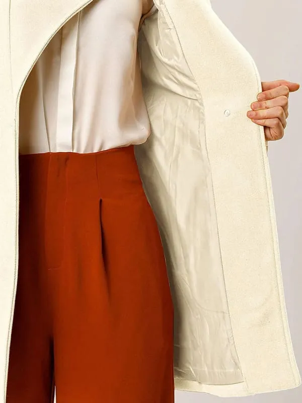 New Faux Fur Coats For Women Casual Windbreaker Stand Collar Long Sleeves Lace Up Ivory Winter Coat