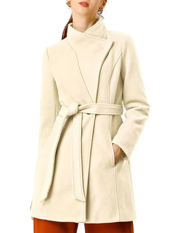 New Faux Fur Coats For Women Casual Windbreaker Stand Collar Long Sleeves Lace Up Ivory Winter Coat