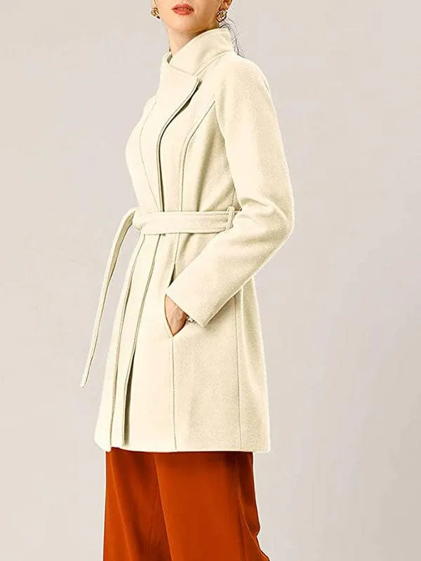 New Faux Fur Coats For Women Casual Windbreaker Stand Collar Long Sleeves Lace Up Ivory Winter Coat