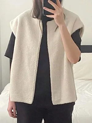 New Faux Fur Coats For Women Ecru White Sleeveless Polyester Oversized Overcoat