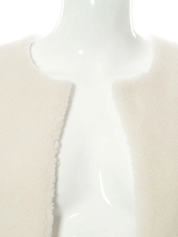 New Faux Fur Coats For Women Ecru White Sleeveless Polyester Oversized Overcoat