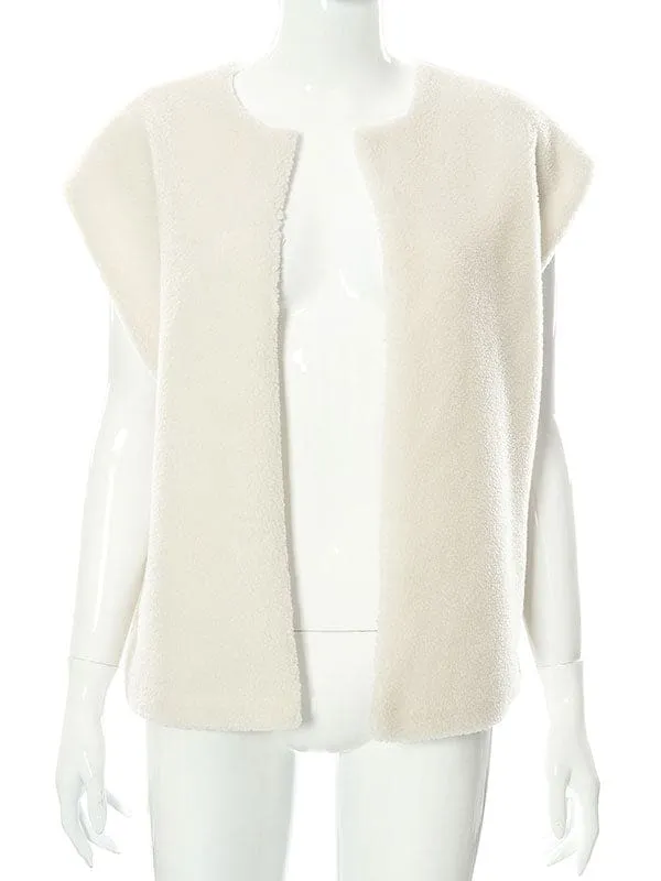 New Faux Fur Coats For Women Ecru White Sleeveless Polyester Oversized Overcoat