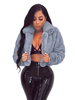 New Faux Fur Coats For Women Grey Turndown Collar Long Sleeves Oversized Stretch Winter Coat
