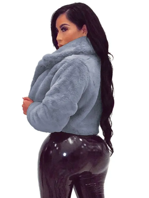 New Faux Fur Coats For Women Grey Turndown Collar Long Sleeves Oversized Stretch Winter Coat
