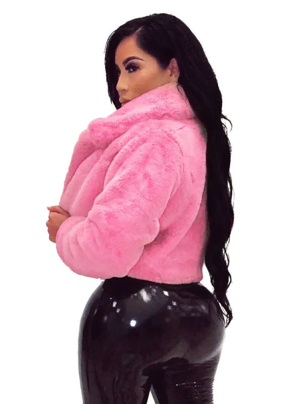New Faux Fur Coats For Women Grey Turndown Collar Long Sleeves Oversized Stretch Winter Coat