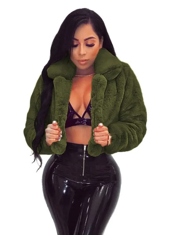 New Faux Fur Coats For Women Grey Turndown Collar Long Sleeves Oversized Stretch Winter Coat