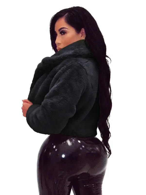 New Faux Fur Coats For Women Grey Turndown Collar Long Sleeves Oversized Stretch Winter Coat