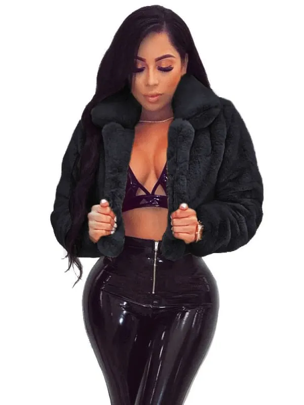 New Faux Fur Coats For Women Grey Turndown Collar Long Sleeves Oversized Stretch Winter Coat