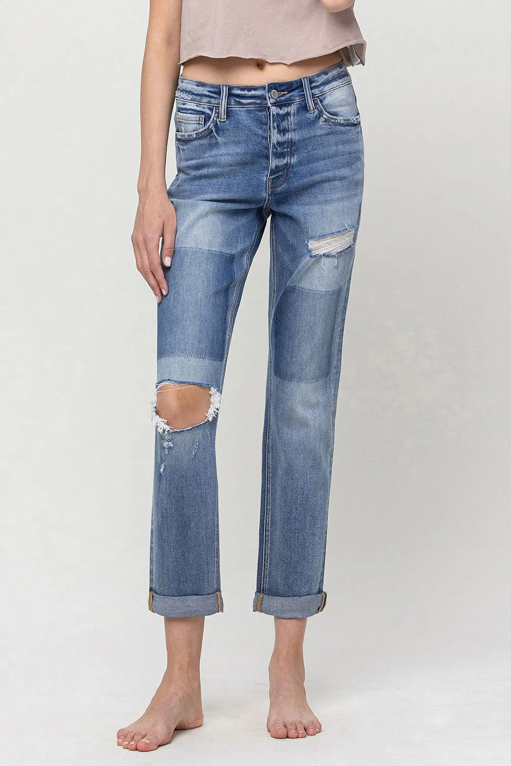 Patchwork boyfriend jean