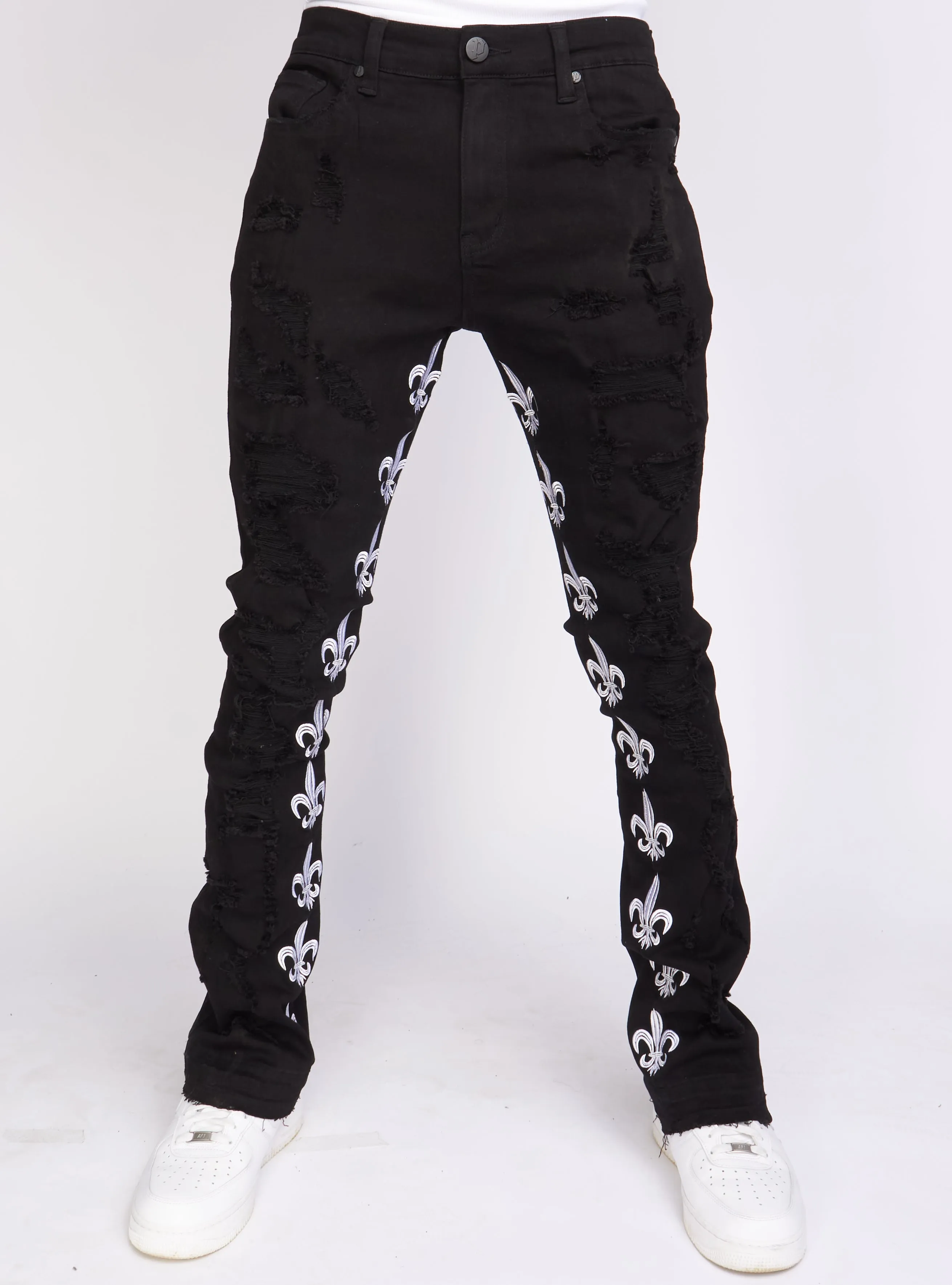 Politics Stacked Embroidery Jeans - Black and White - Barkley504