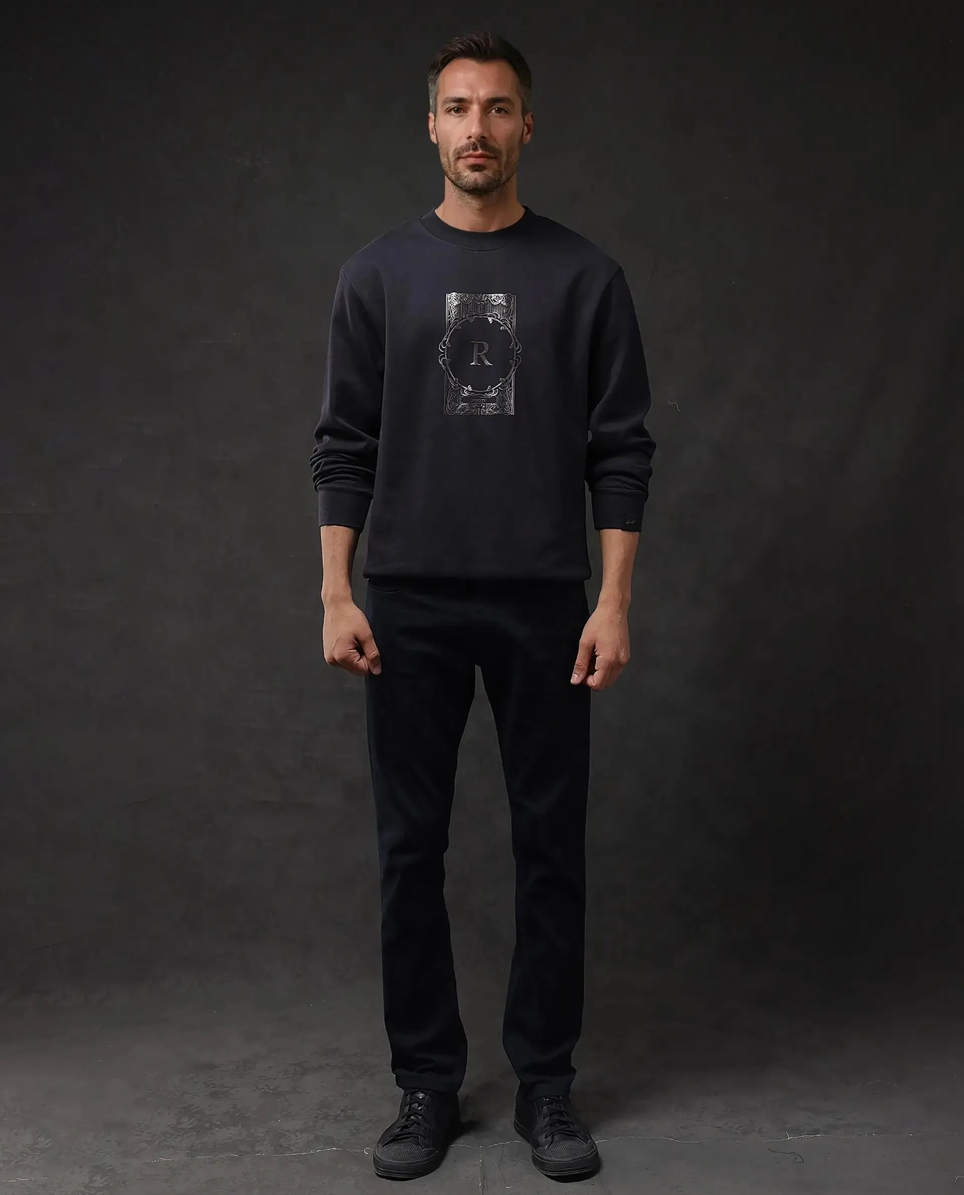 Rare Rabbit Men Kav Navy Cotton Full Sleeve Crew Neck Foil HD Print Sweatshirt