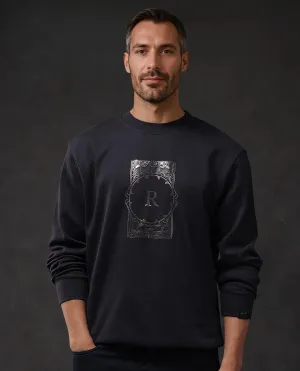 Rare Rabbit Men Kav Navy Cotton Full Sleeve Crew Neck Foil HD Print Sweatshirt