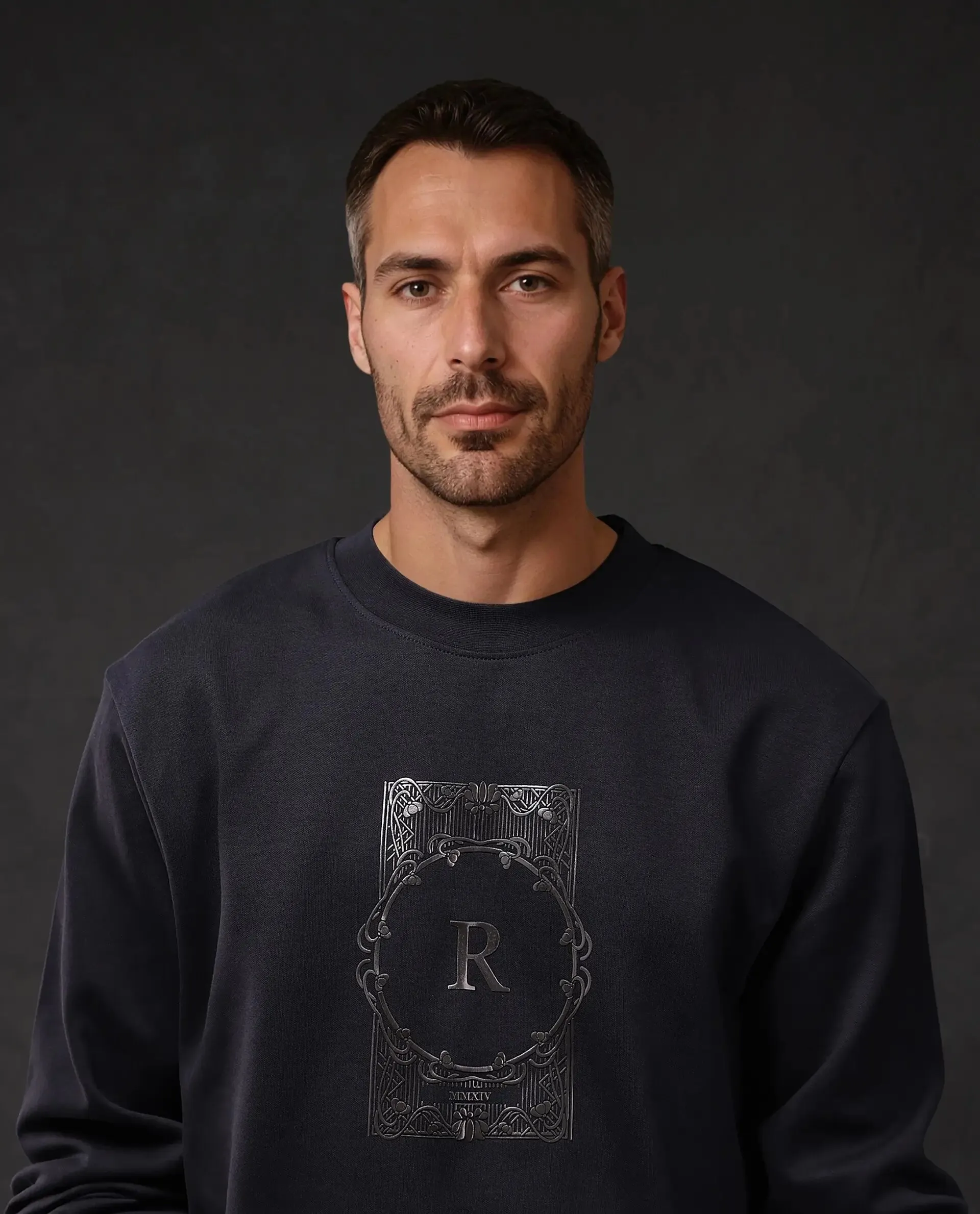 Rare Rabbit Men Kav Navy Cotton Full Sleeve Crew Neck Foil HD Print Sweatshirt