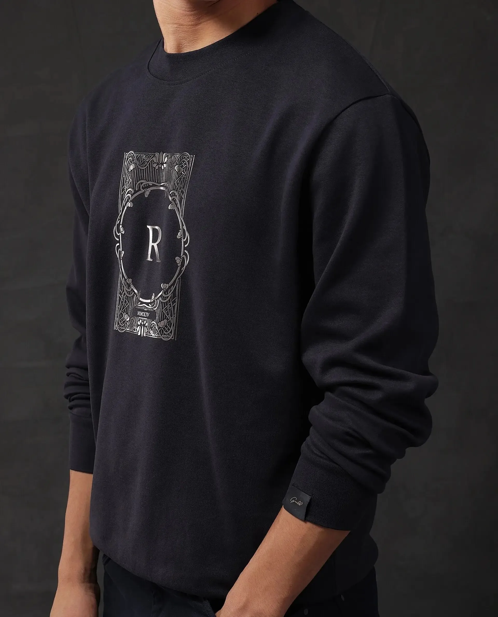 Rare Rabbit Men Kav Navy Cotton Full Sleeve Crew Neck Foil HD Print Sweatshirt