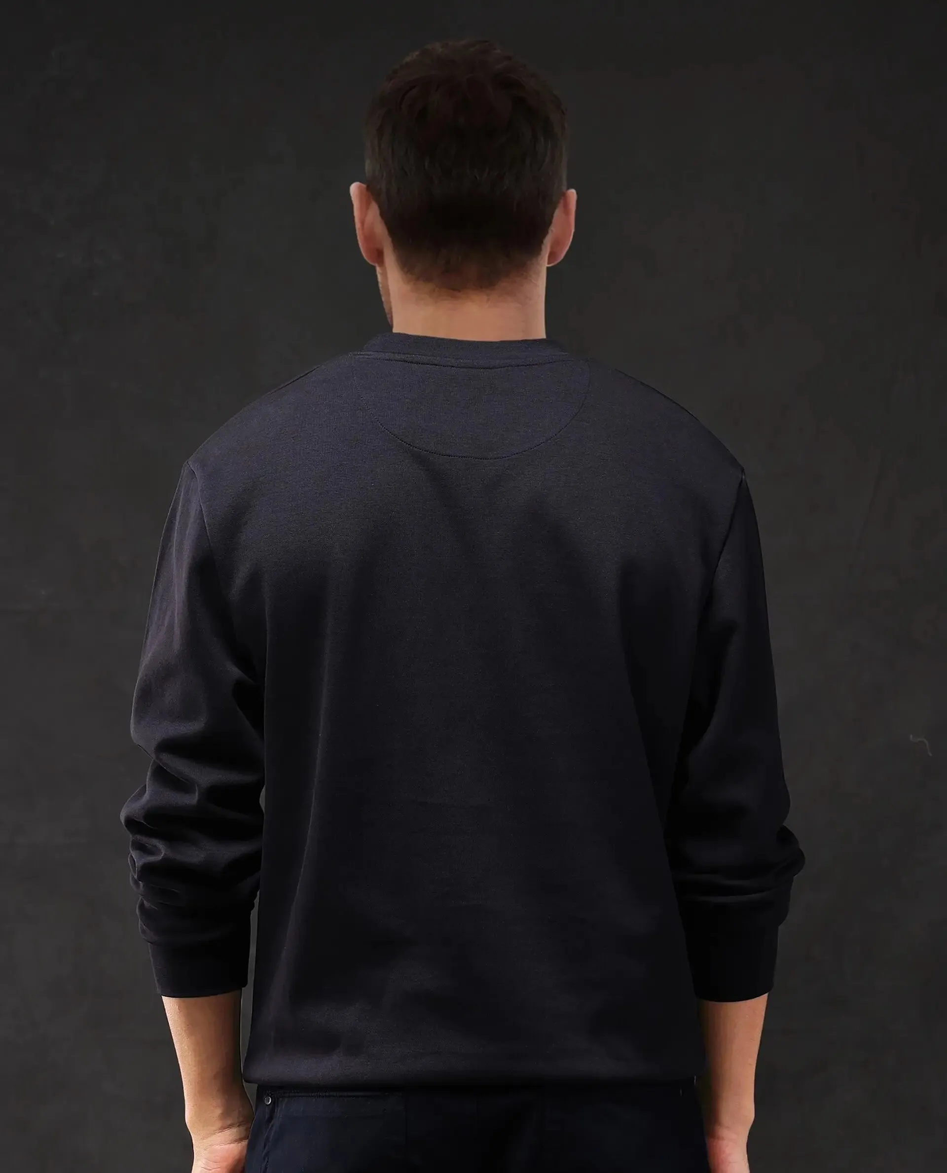 Rare Rabbit Men Kav Navy Cotton Full Sleeve Crew Neck Foil HD Print Sweatshirt