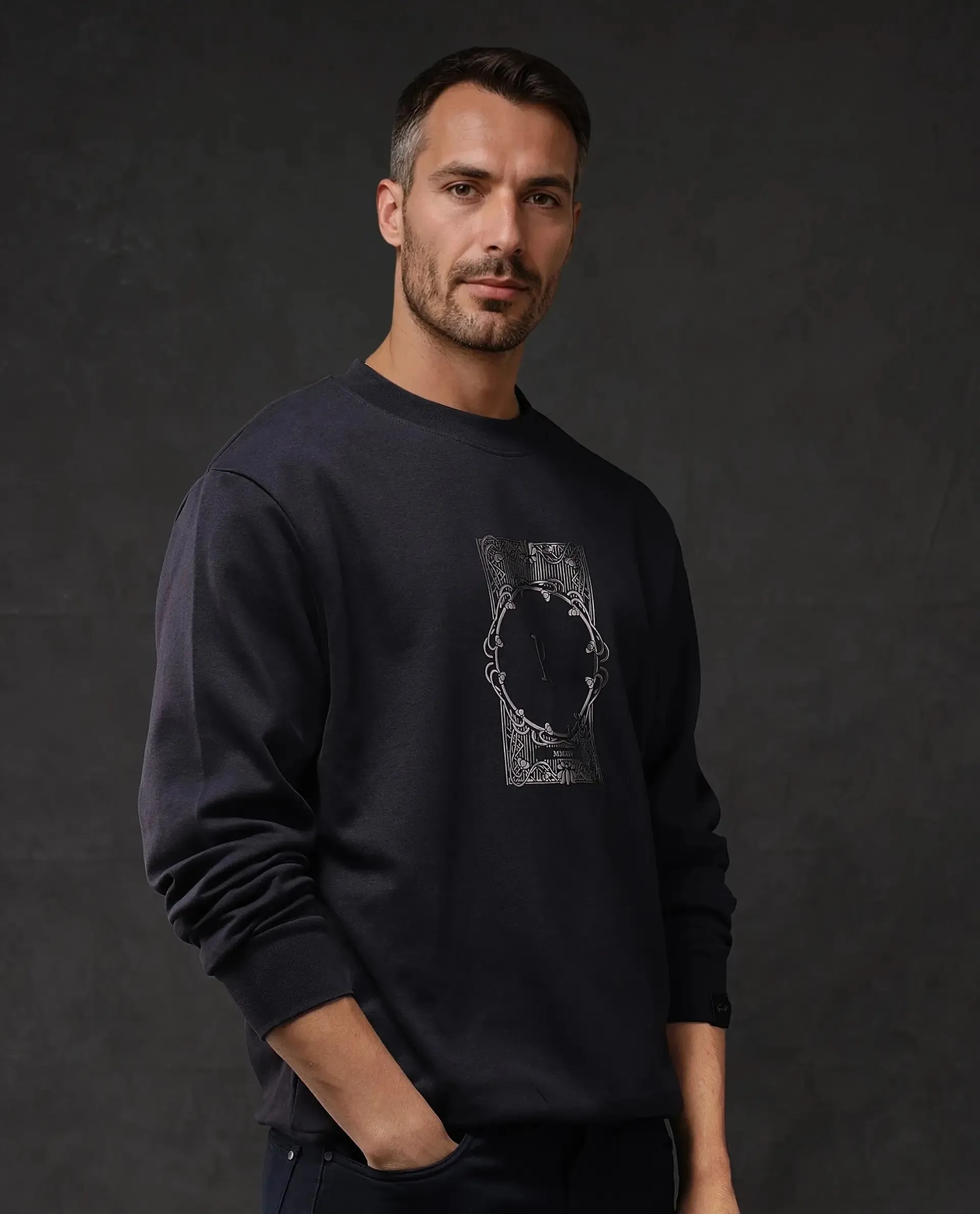 Rare Rabbit Men Kav Navy Cotton Full Sleeve Crew Neck Foil HD Print Sweatshirt