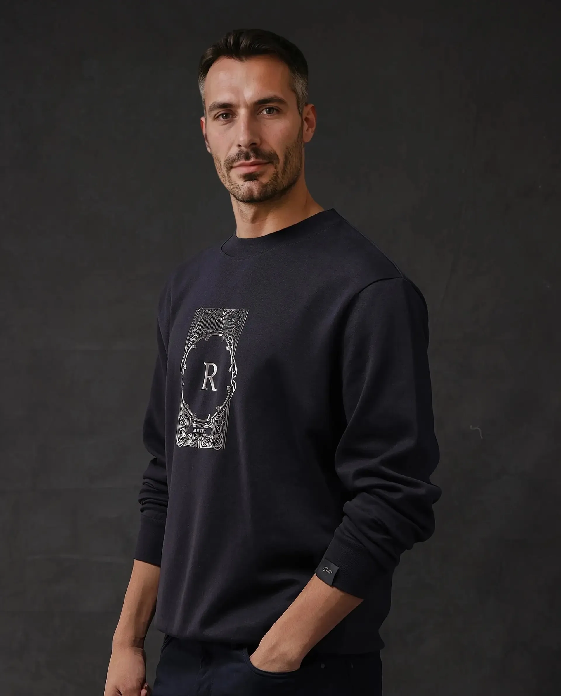 Rare Rabbit Men Kav Navy Cotton Full Sleeve Crew Neck Foil HD Print Sweatshirt