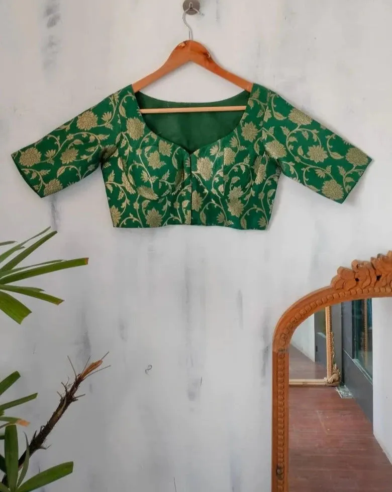 Readymade Green Silk Elbow Sleeve Designer Blouse With Sweetheart