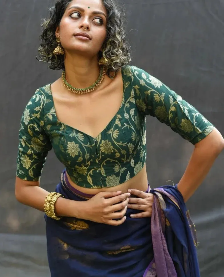 Readymade Green Silk Elbow Sleeve Designer Blouse With Sweetheart