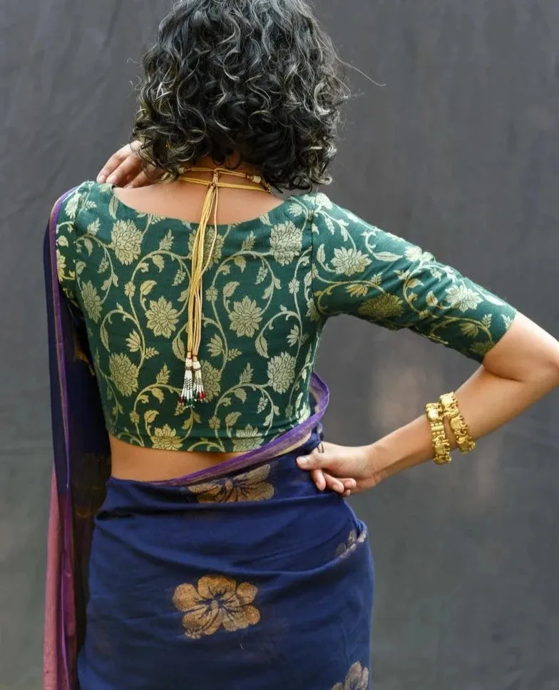Readymade Green Silk Elbow Sleeve Designer Blouse With Sweetheart