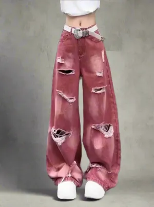 Retro Rose Distressed Baggy Jeans