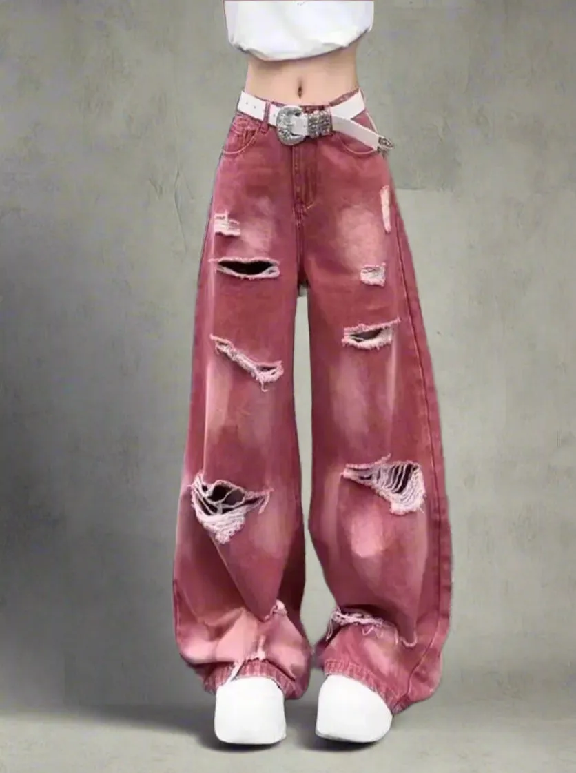 Retro Rose Distressed Baggy Jeans