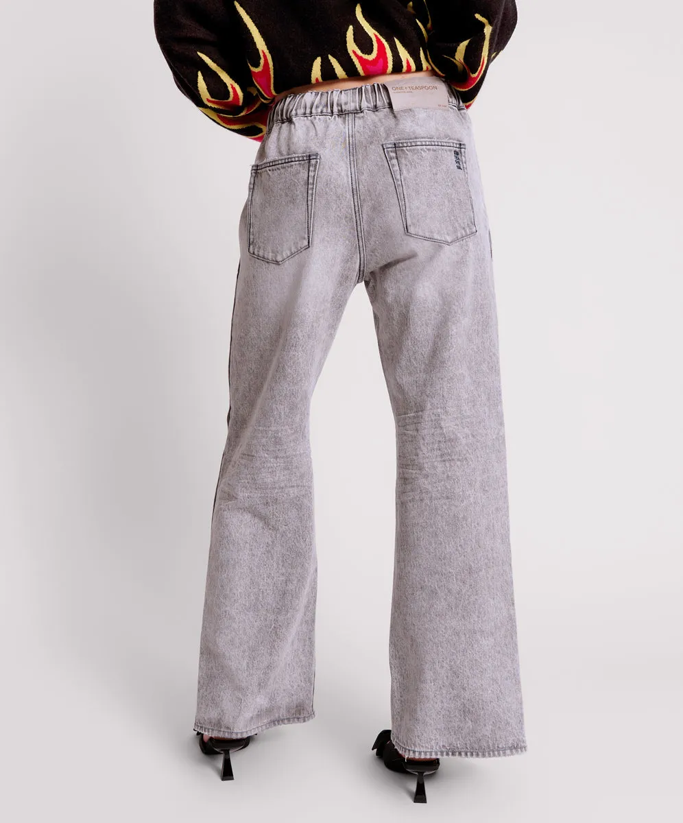 Roadhouse Wide Leg Drawstring Denim Jeans - Slate Acid