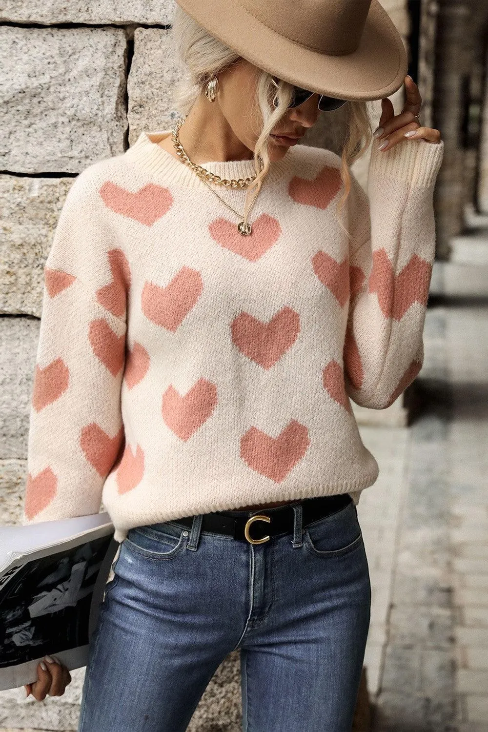 Romantic Pink Heart Pattern Sweater