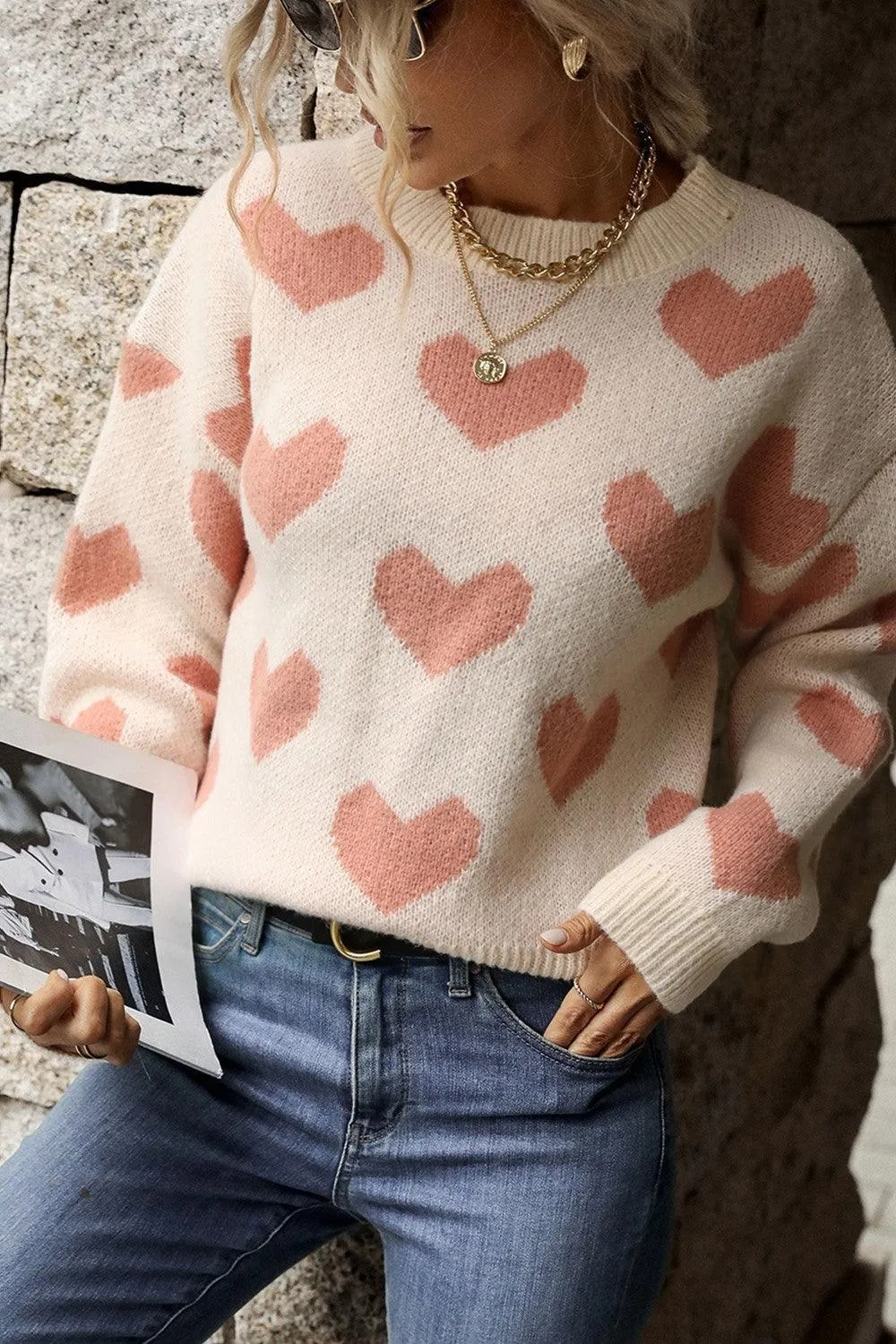 Romantic Pink Heart Pattern Sweater