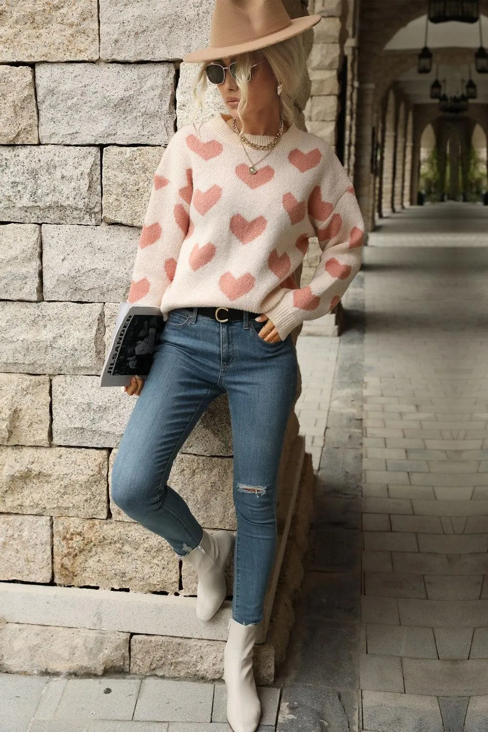 Romantic Pink Heart Pattern Sweater