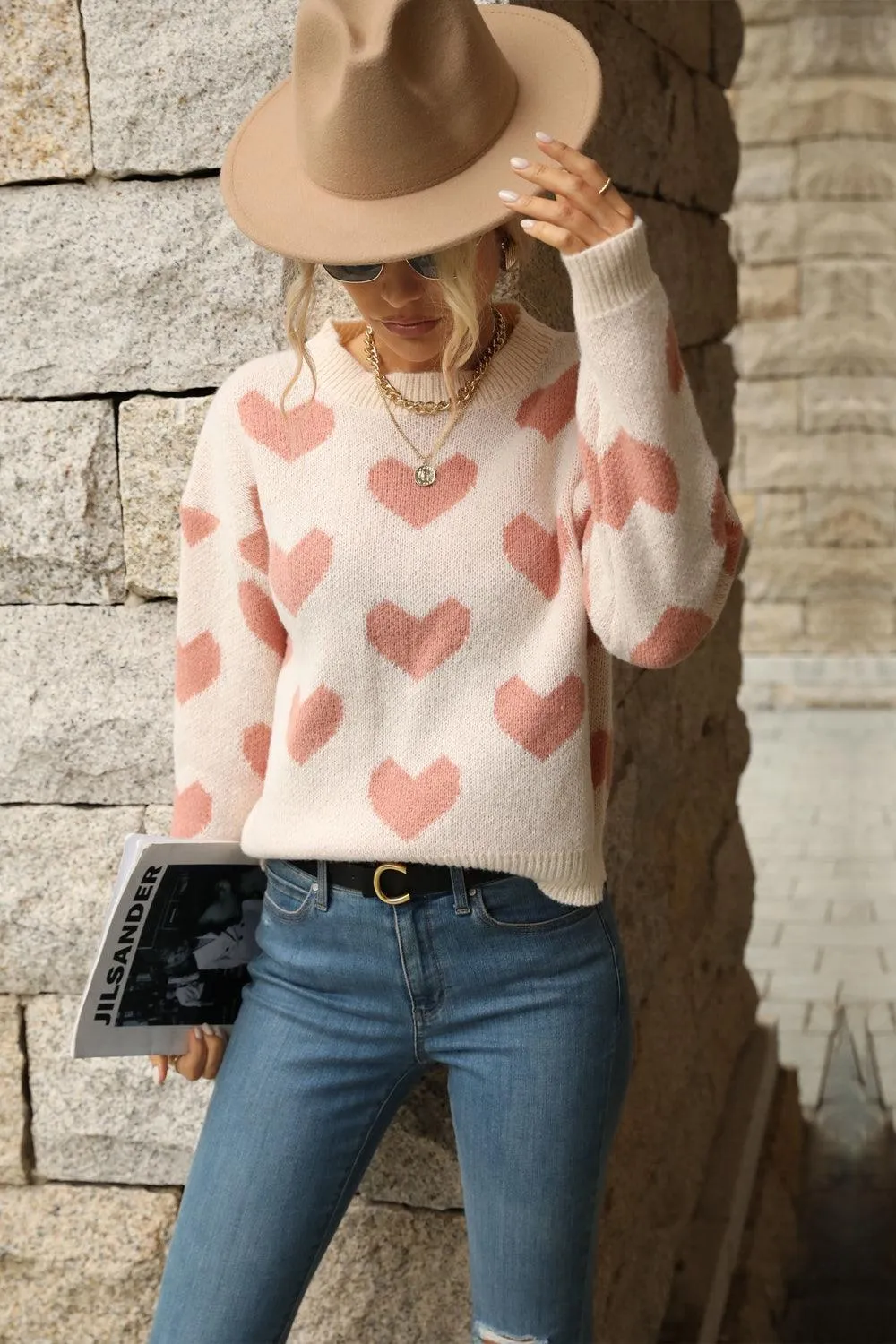 Romantic Pink Heart Pattern Sweater