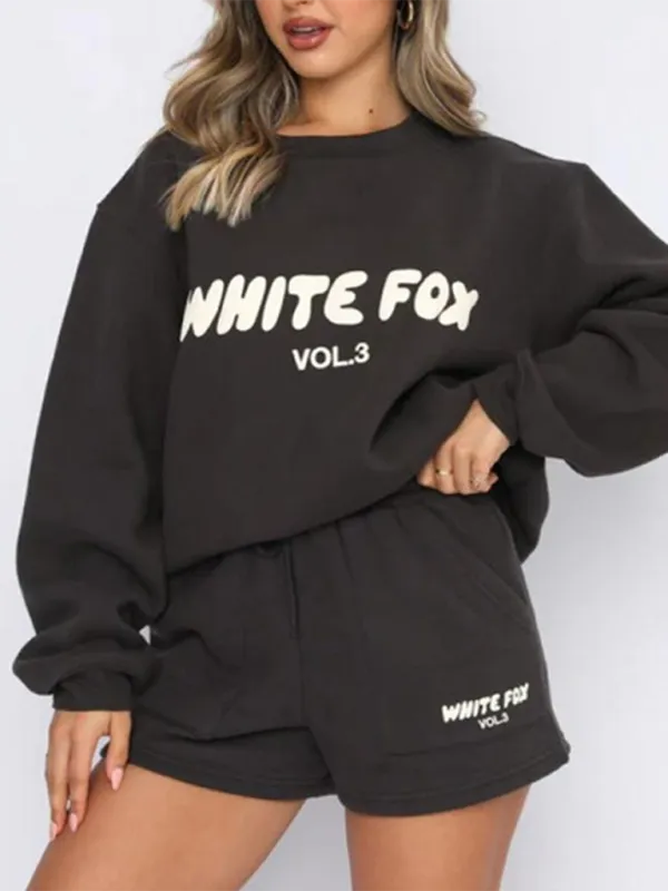 Street Style "White Fox" Print Sweatshirt & Sweatshorts Set