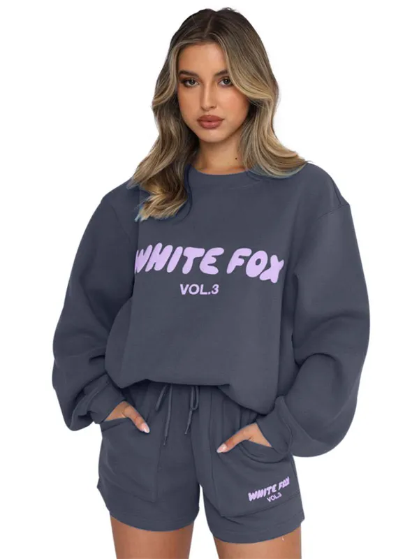 Street Style "White Fox" Print Sweatshirt & Sweatshorts Set