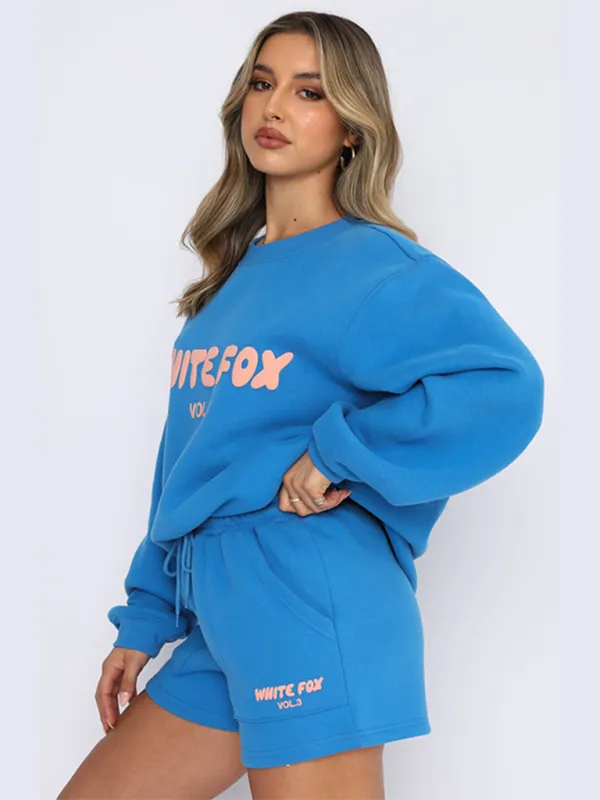 Street Style "White Fox" Print Sweatshirt & Sweatshorts Set