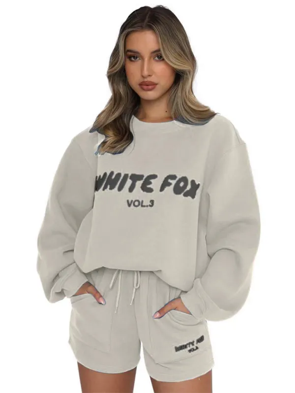 Street Style "White Fox" Print Sweatshirt & Sweatshorts Set