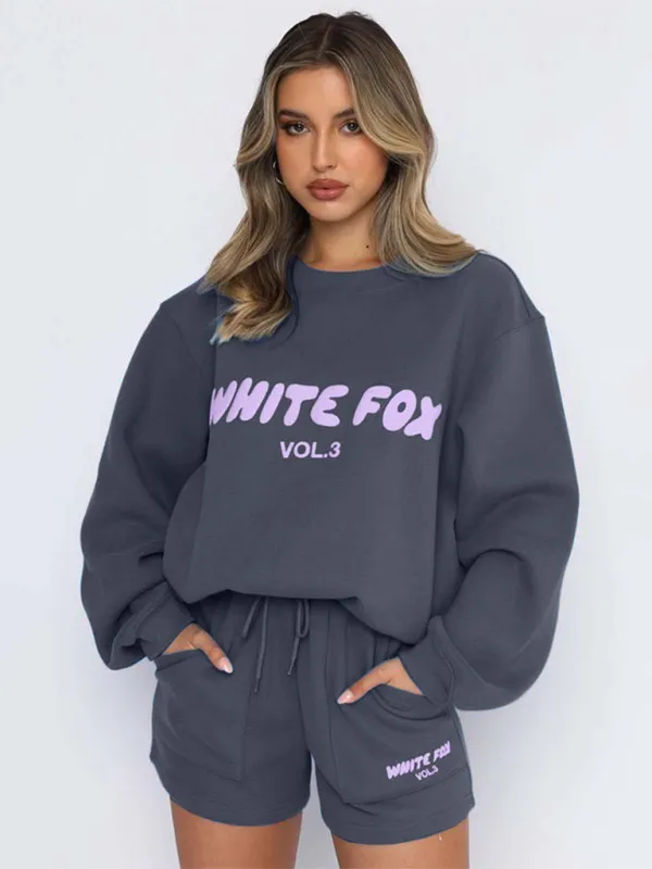 Street Style "White Fox" Print Sweatshirt & Sweatshorts Set