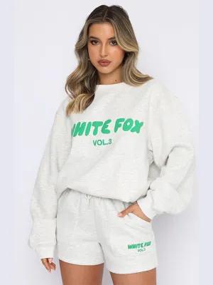 Street Style "White Fox" Print Sweatshirt & Sweatshorts Set