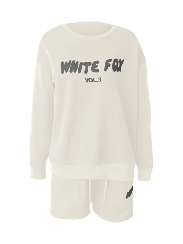 Street Style "White Fox" Print Sweatshirt & Sweatshorts Set