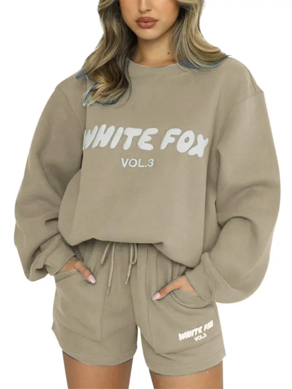 Street Style "White Fox" Print Sweatshirt & Sweatshorts Set