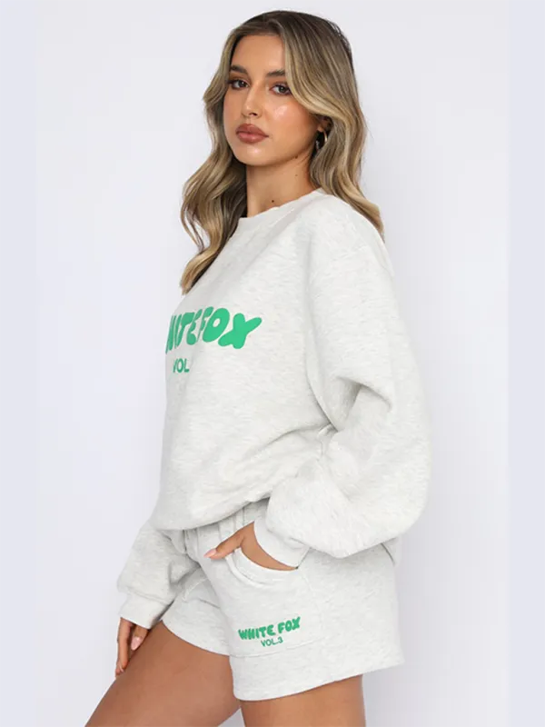 Street Style "White Fox" Print Sweatshirt & Sweatshorts Set