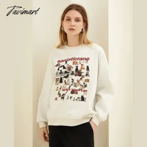 Tavimart Vintage Beige Fleece Pullover Cute Dog Crewneck Sweatshirt Korean Fashion Streetwear Oversized Long Sleeve Sweatshirt Women