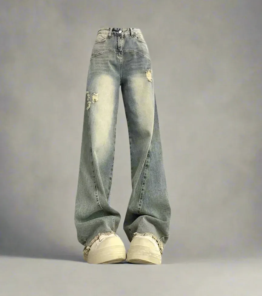 Vintage Fade Distressed Wide-Leg Jeans