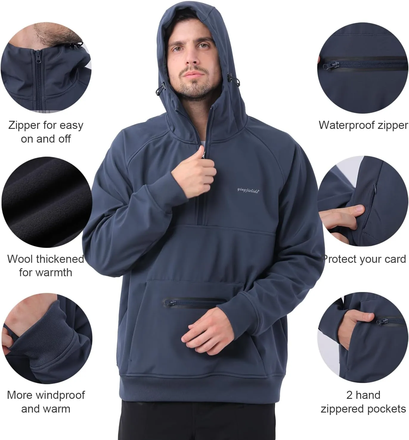 YINGJIELIDE Men's Rain Defender Loose Heavyweight Sweatshirt,Wind & Water Resistant Snow Jackets,Waterproof Fleece Hoodies