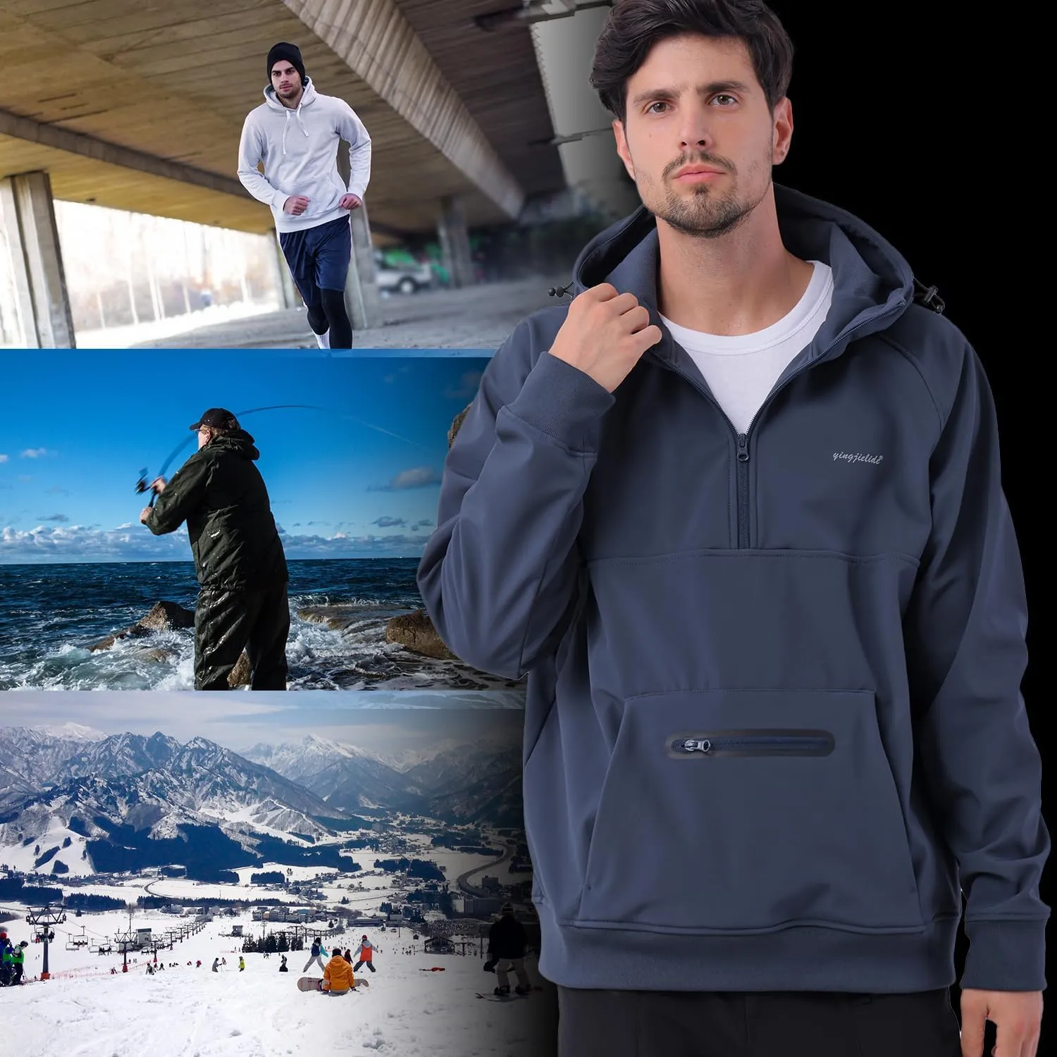 YINGJIELIDE Men's Rain Defender Loose Heavyweight Sweatshirt,Wind & Water Resistant Snow Jackets,Waterproof Fleece Hoodies