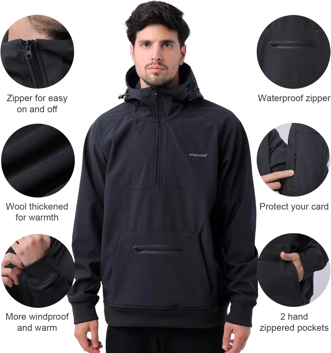 YINGJIELIDE Men's Rain Defender Loose Heavyweight Sweatshirt,Wind & Water Resistant Snow Jackets,Waterproof Fleece Hoodies