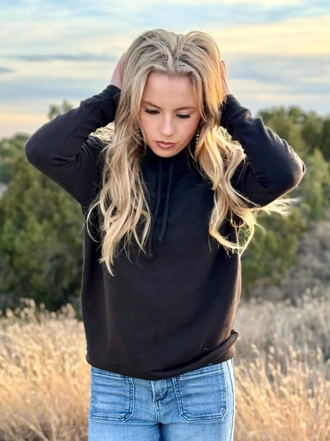 Yvetta Black Ribbed Hooded Pullover